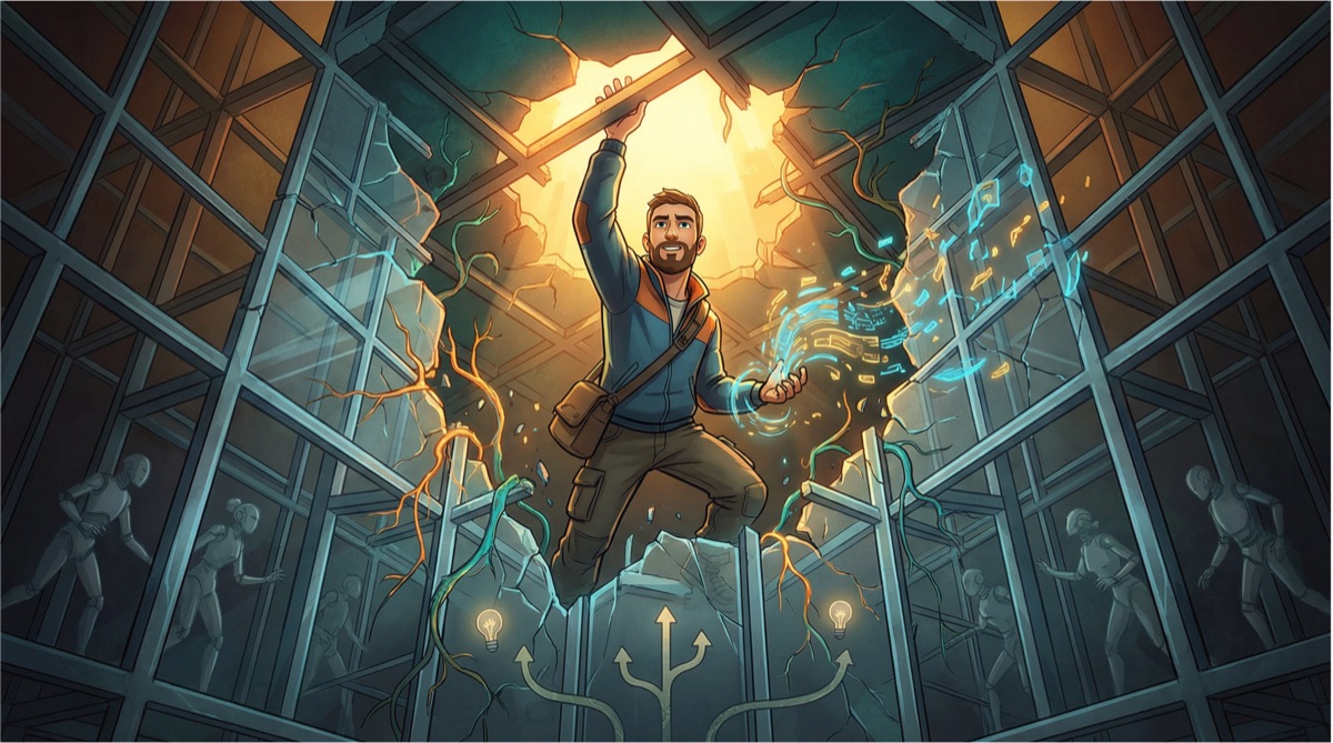 Discovery colliding with rigid process — illustrating the tension between organic learning and institutional frameworks