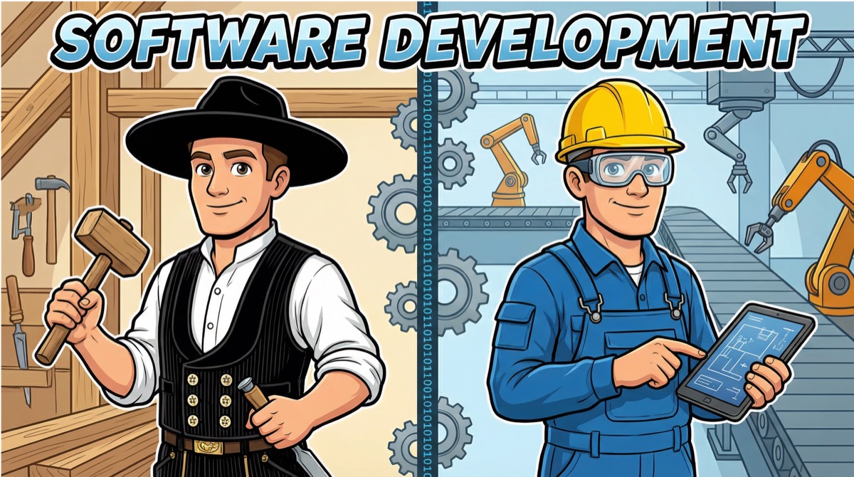 Un carpintero maestro creando ensambles de cola de milano junto a un desarrollador escribiendo código, representando la dualidad de artesanía y oficio