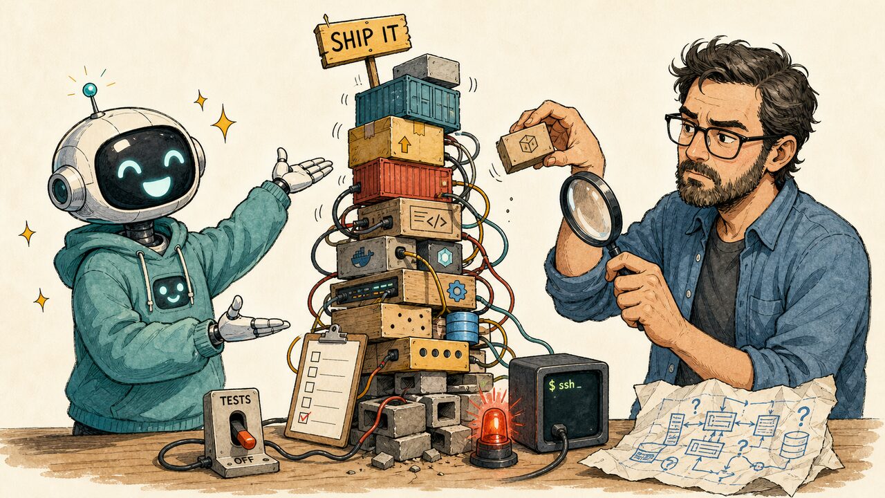 Cartoon of an eager AI robot presenting a precarious stack of software components while a developer inspects it.