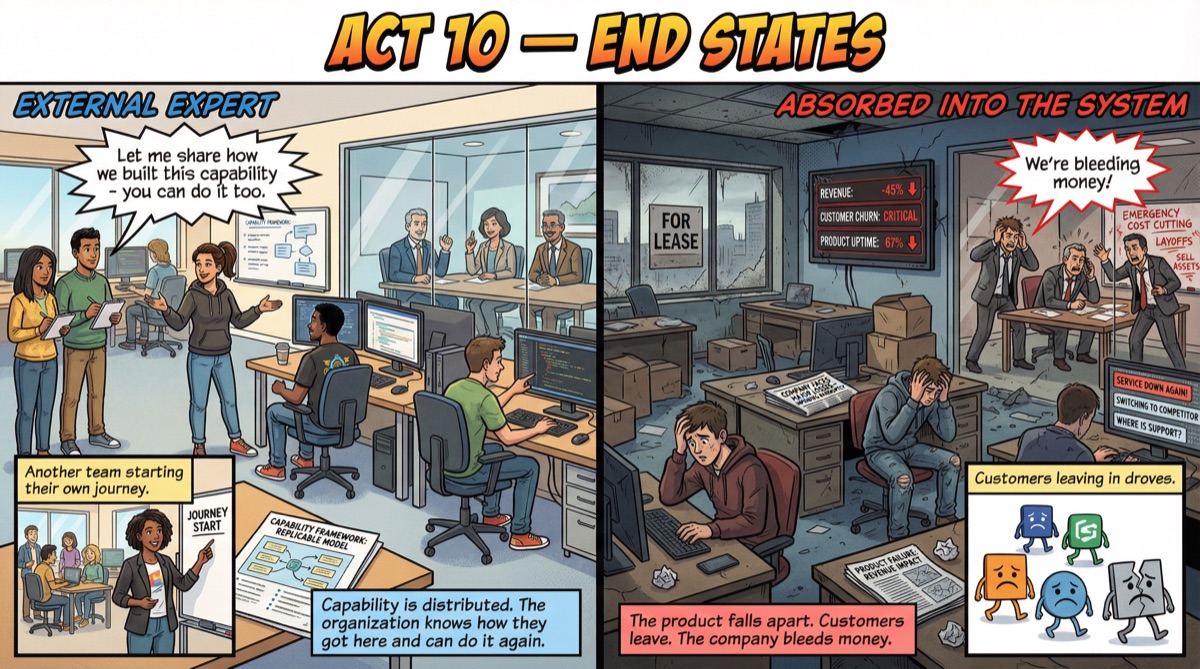 Acto 10: Estados Finales — Capacidades distribuidas o perdidas