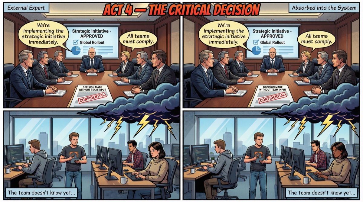 Acto 4: La Decisión Crítica — Una decisión externa amenaza los logros existentes