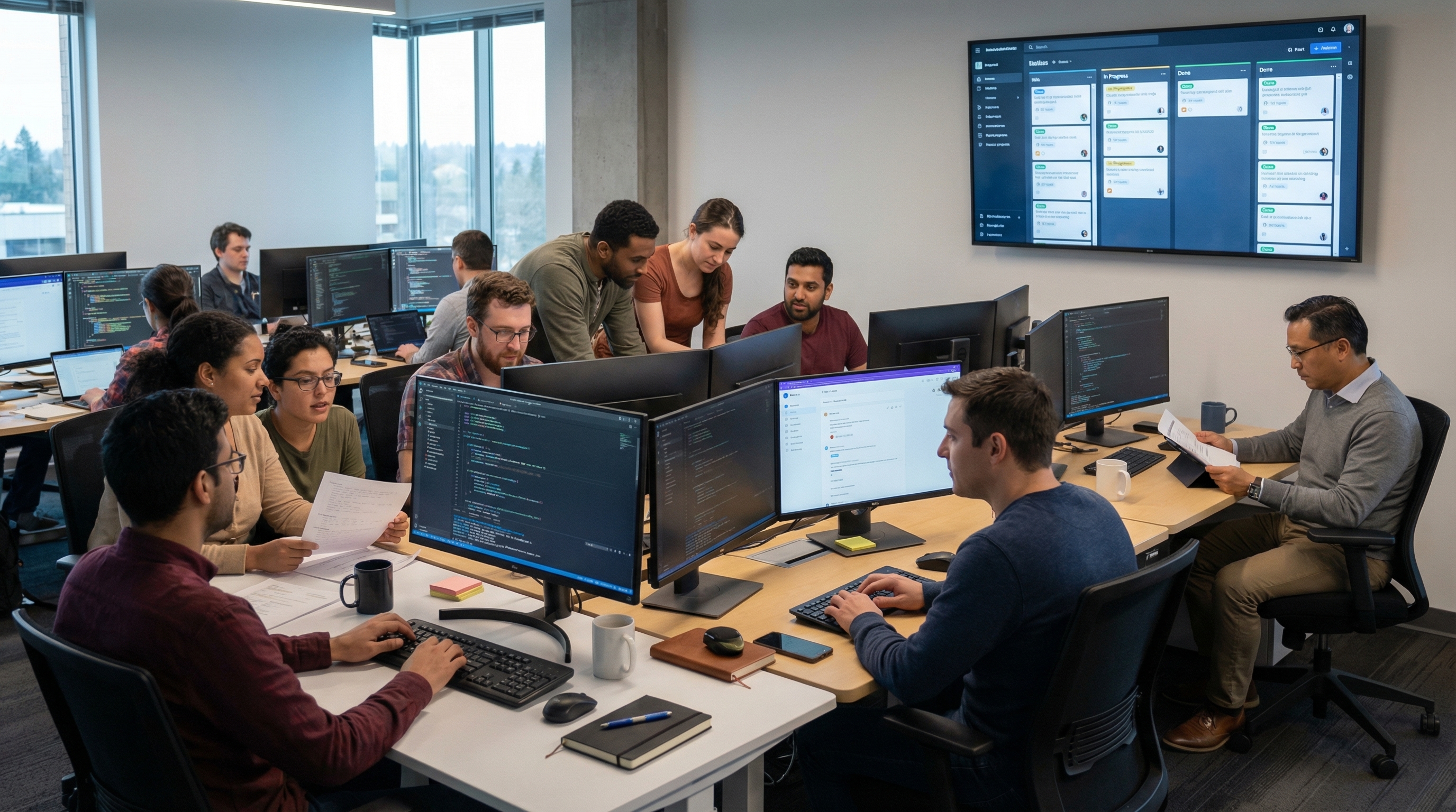 Desarrolladores trabajando con soltura mientras el CTO está sentado en la esquina leyendo y el equipo sigue concentrado