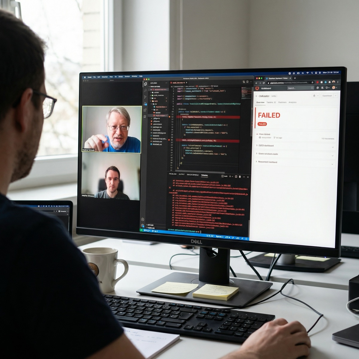Sesión de pairing remota con Stephan Schwab y un desarrollador trabajando en un build fallido y un bug