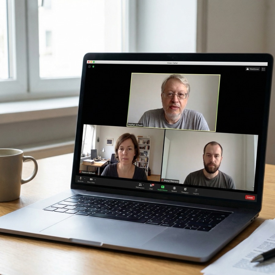 Primera llamada remota serena en una pantalla con Stephan Schwab y dos participantes