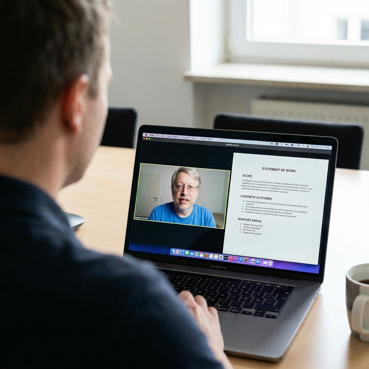 CTO en una sesión de trabajo enfocada con Stephan Schwab revisando una declaración de trabajo breve