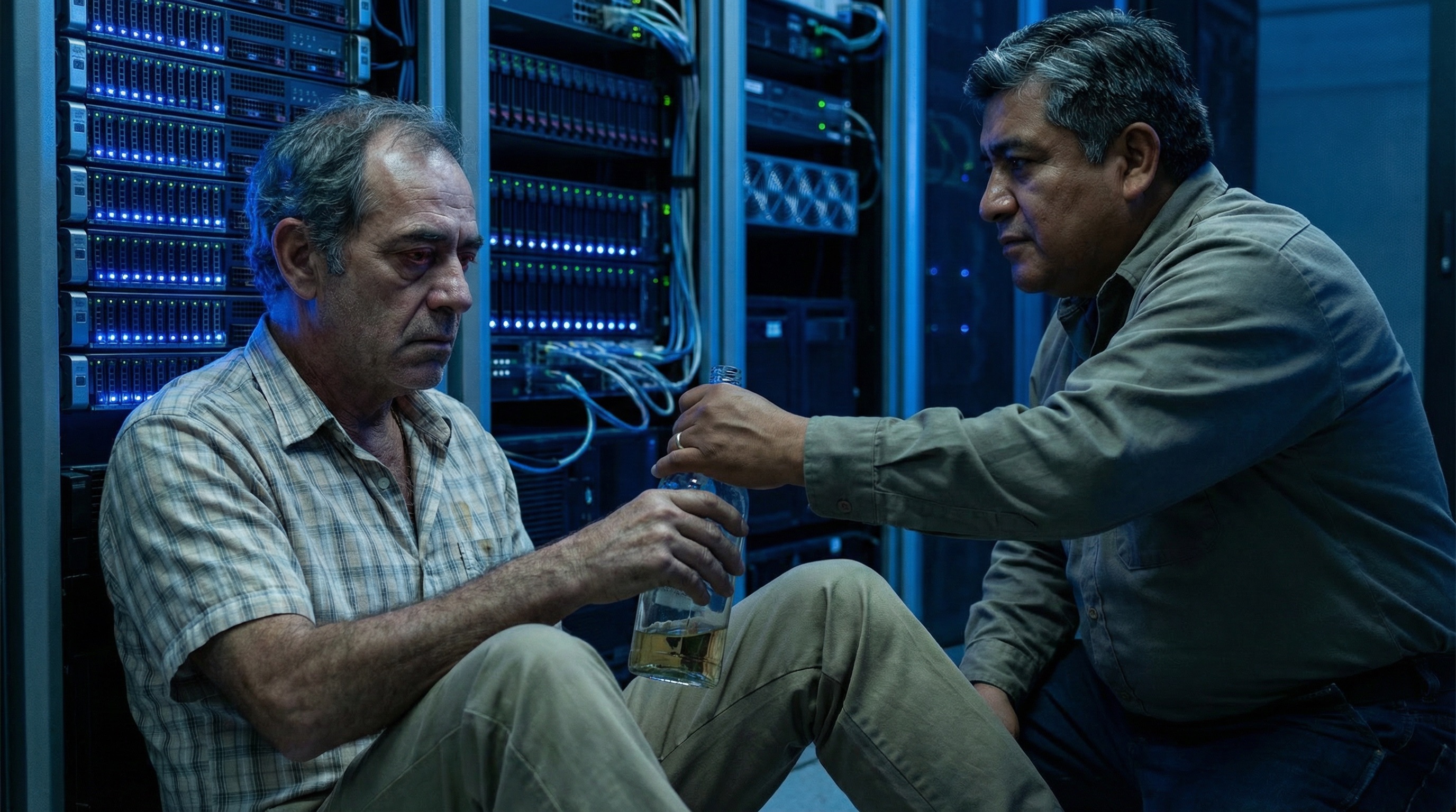 Héctor sitzt gegen das Serverrack gelehnt, Flasche in der Hand, während Mando sich nähert