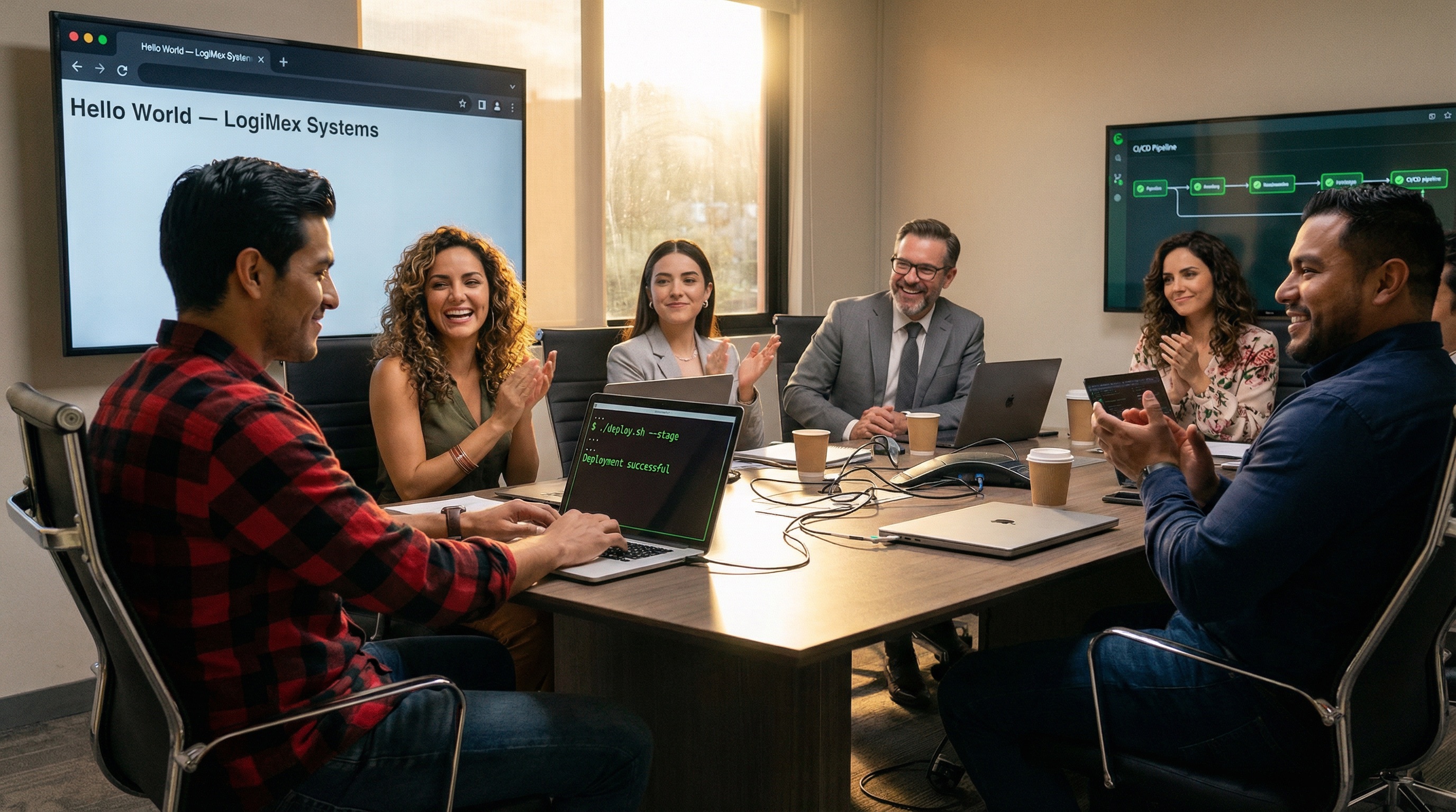 Das Team versammelt sich um Diegos Laptop, während Hello World auf dem Bildschirm erscheint