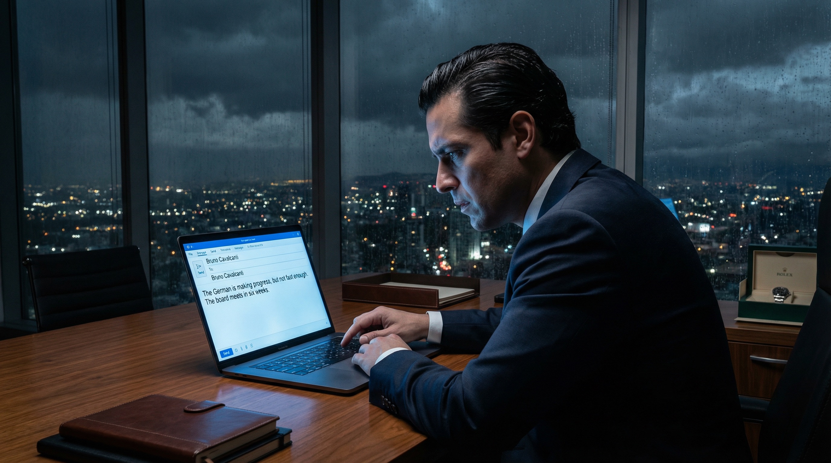Patricio allein in seinem dunklen Büro, Laptop leuchtend, Stadtlichter hinter ihm
