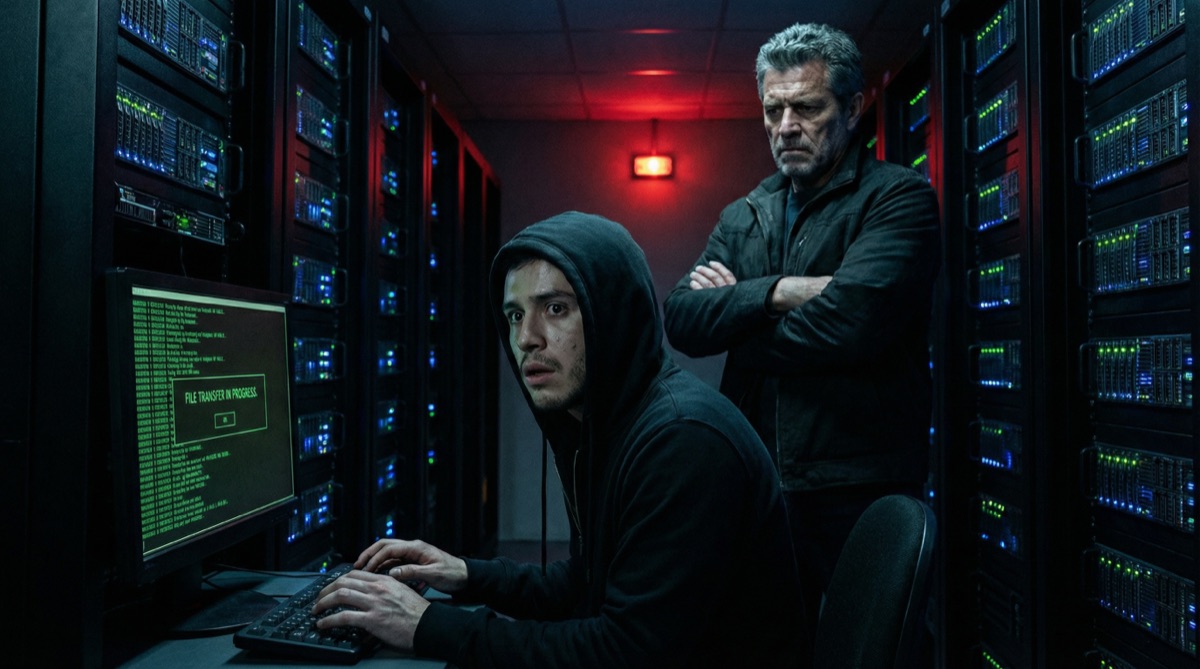 Mando catches Sebastián in the server room