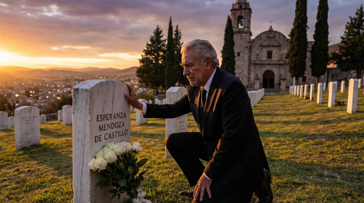 Don Rodrigo kneels at his late wife Esperanza's grave at sunset