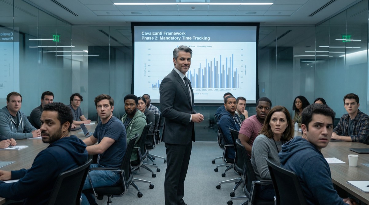 Bruno präsentiert sein 15-Minuten-Zeiterfassungssystem vor entsetzten Entwicklern