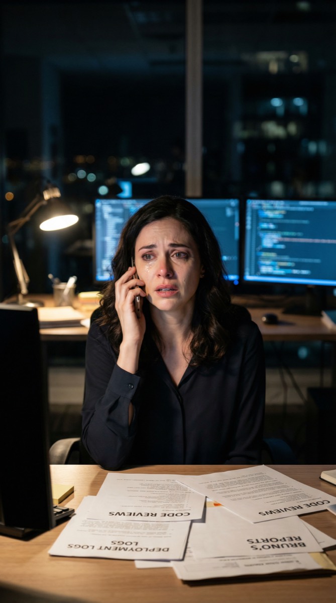 Valentina erstarrt an ihrem Schreibtisch, das Telefon ans Ohr gepresst