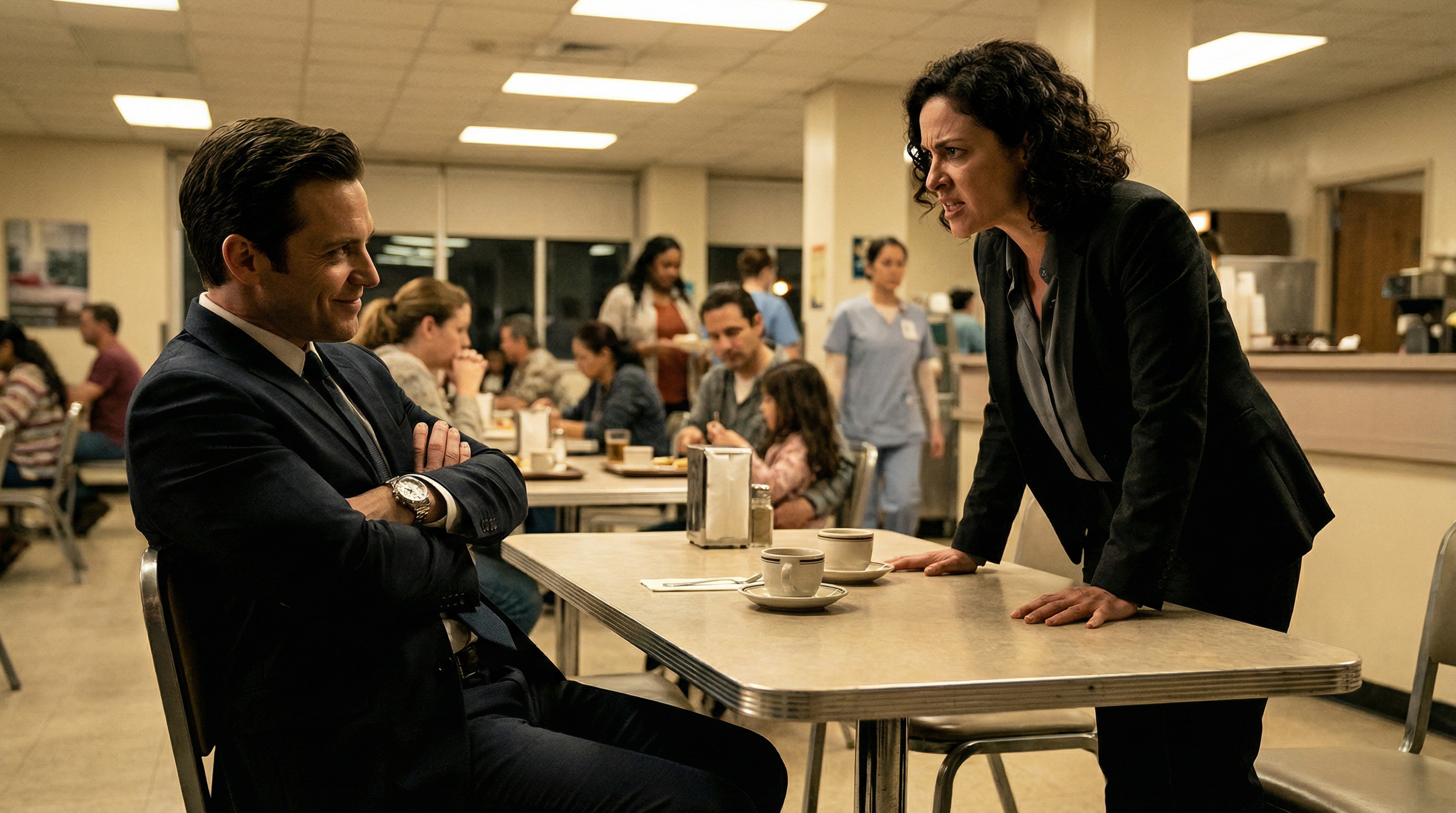 Bruno sits across from Valentina in the hospital cafeteria, coffee untouched between them