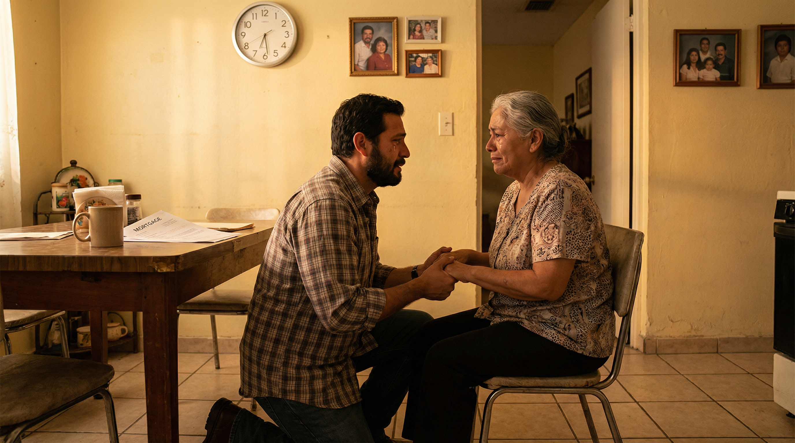 Diego stands before a modest home in a working-class neighborhood, documents in hand
