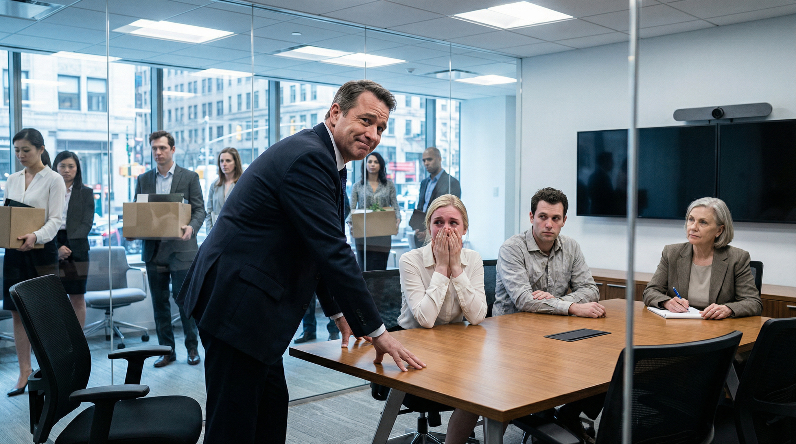 Two developers pack their belongings while the office watches in stunned silence