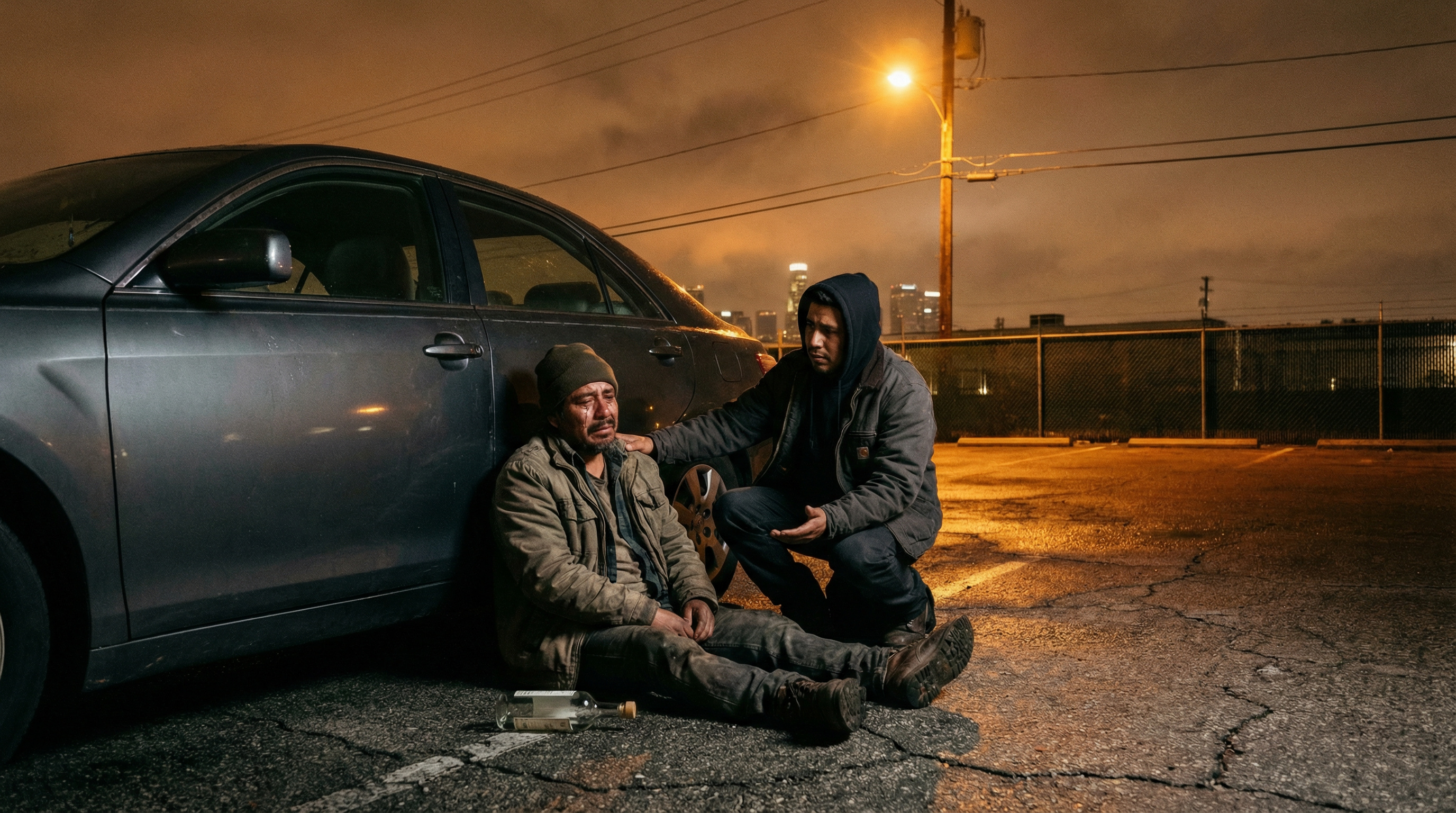 Mando finds Héctor slumped against his car at 2 AM, an empty bottle beside him