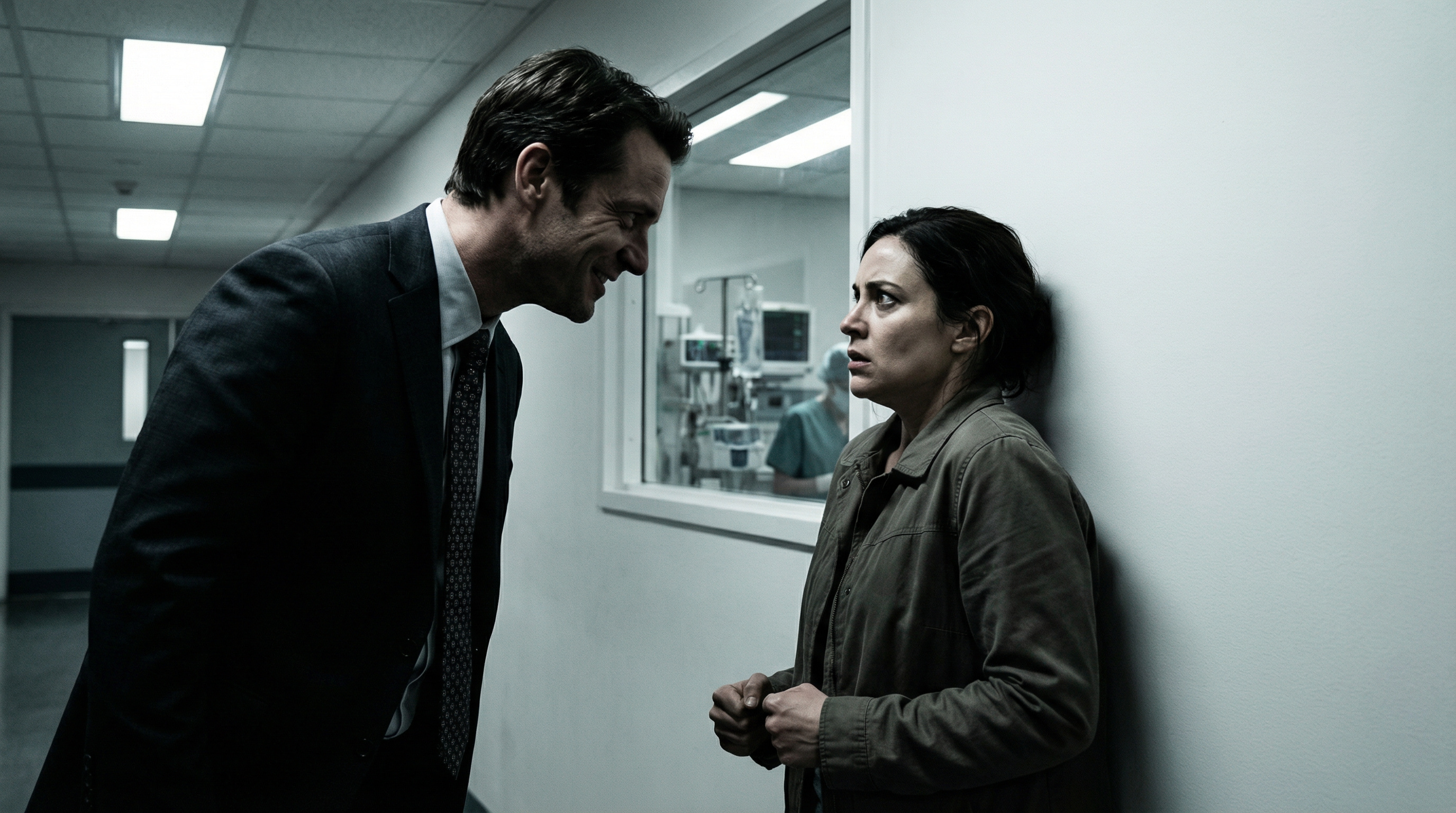 Bruno corners Valentina in a hospital hallway, shadows cutting across his face