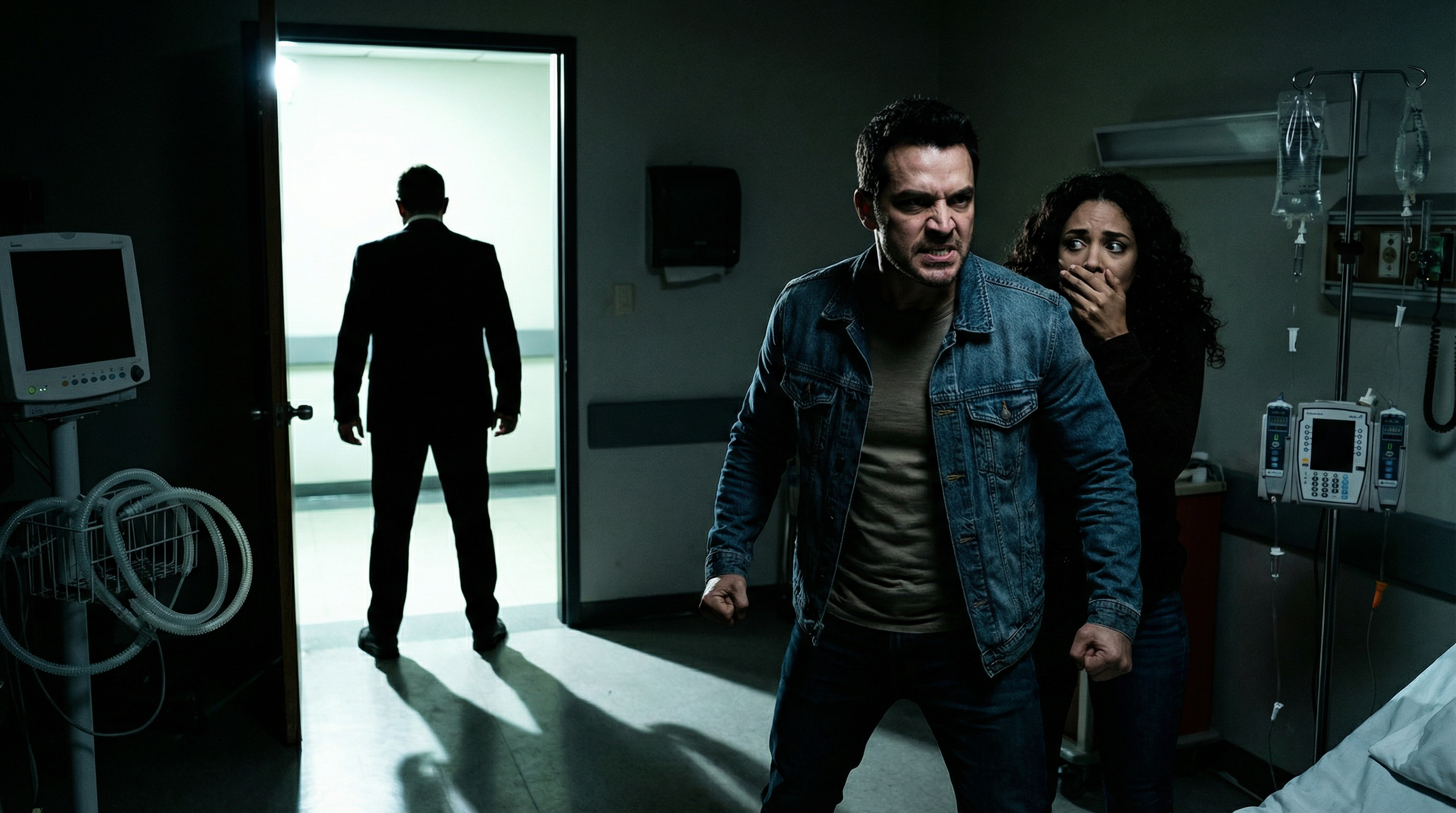 Bruno appears in the hospital doorway, silhouetted against the harsh light