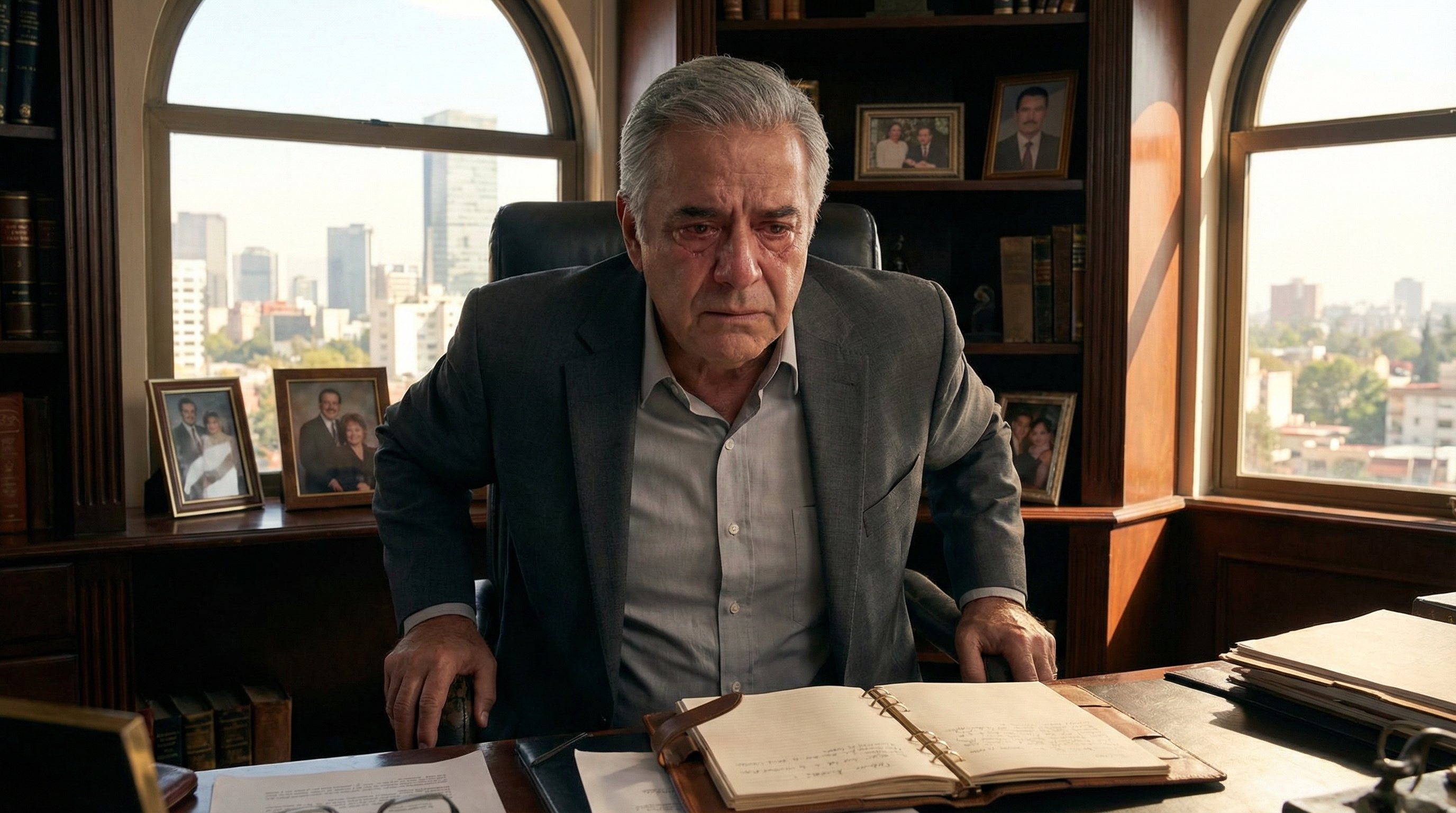 Don Rodrigo se sienta pesadamente en su silla, envejecido diez años en diez segundos