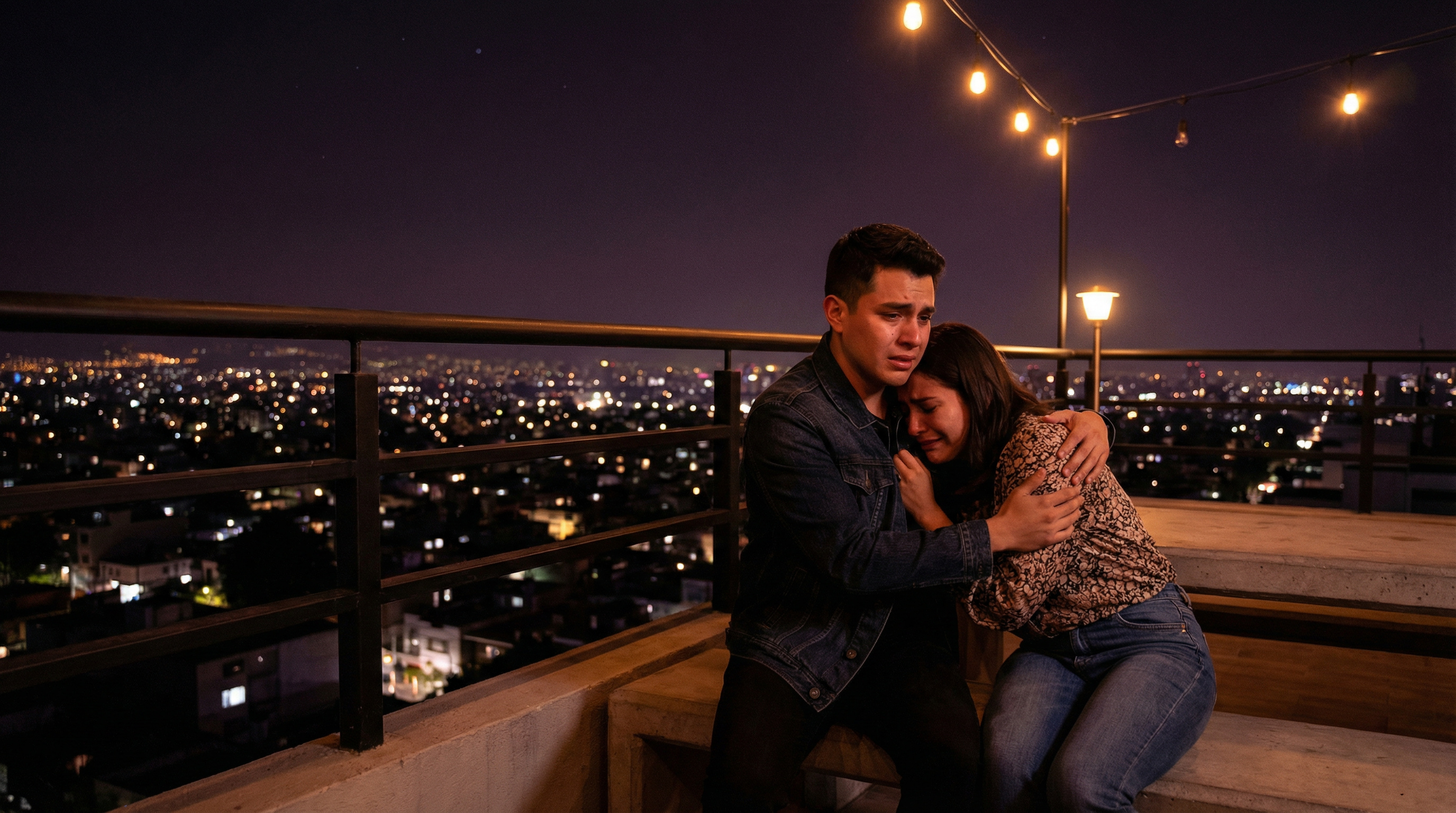 Diego sostiene a Valentina en la azotea mientras la Ciudad de México brilla abajo, ambos llorando