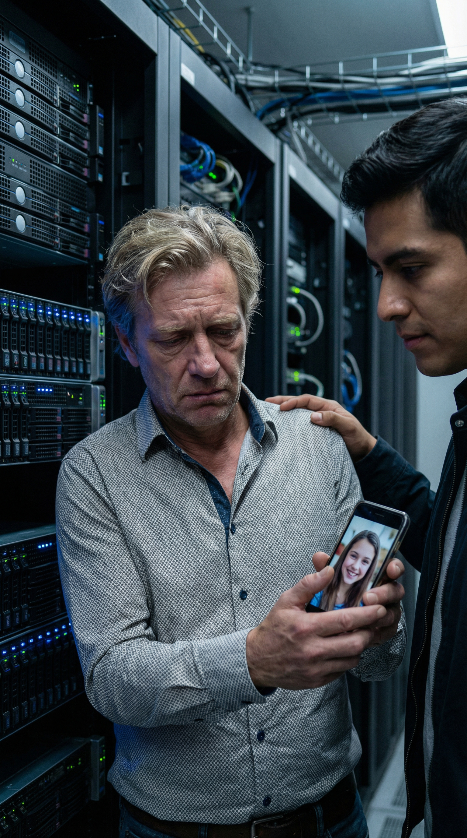 Stefan le muestra a Diego una foto de su hija en su teléfono, su rostro marcado por el dolor