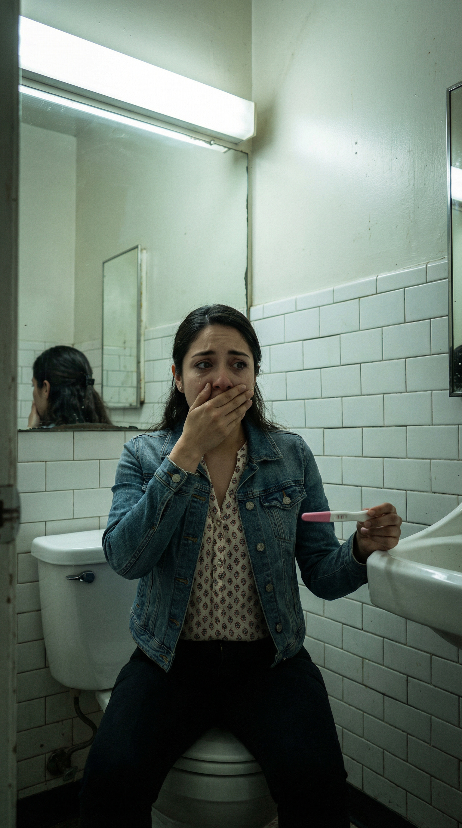 Mari mira una prueba de embarazo en el baño, su reflejo mostrando shock y miedo