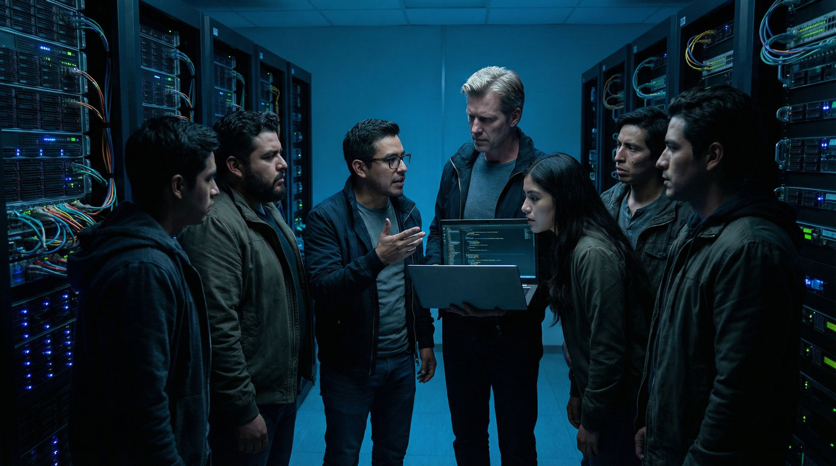 Los desarrolladores se reúnen en el cuarto de servidores después del horario, planeando en voces susurradas