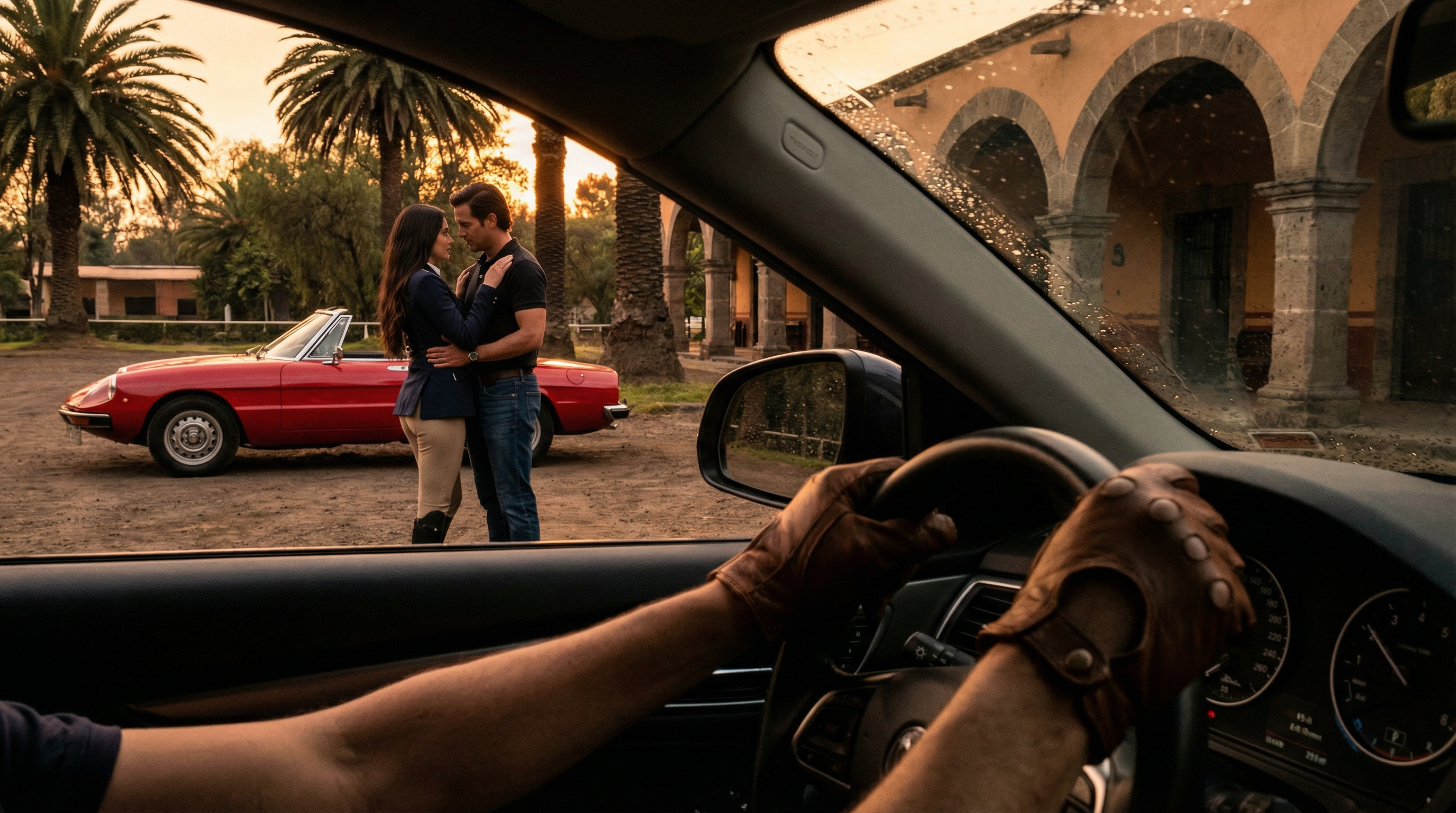 El auto de Valentina se detiene cerca del club ecuestre, captando un vistazo de Camila en un abrazo