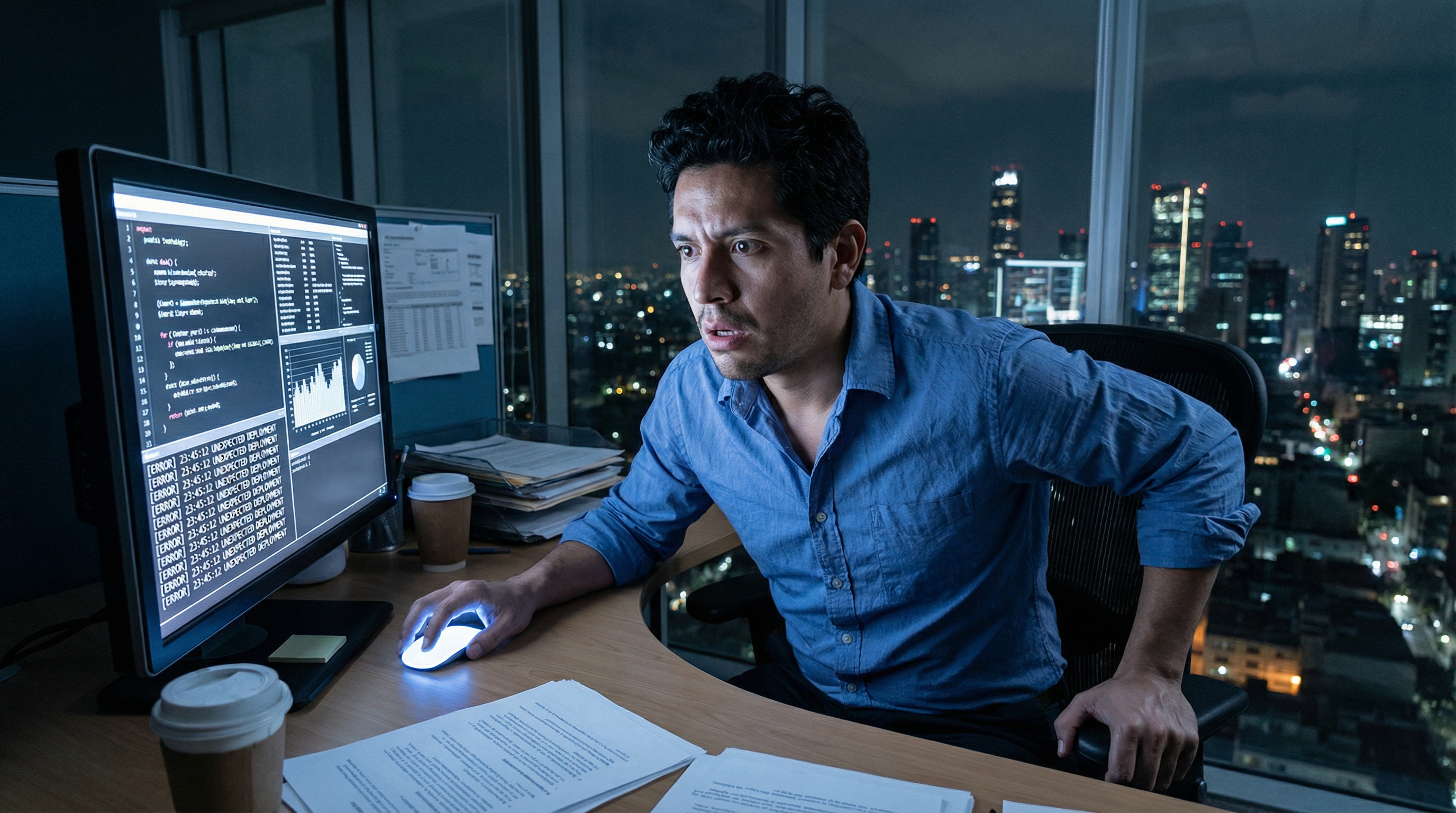 Patricio mira los registros del servidor en su pantalla, la comprensión amaneciendo en su rostro