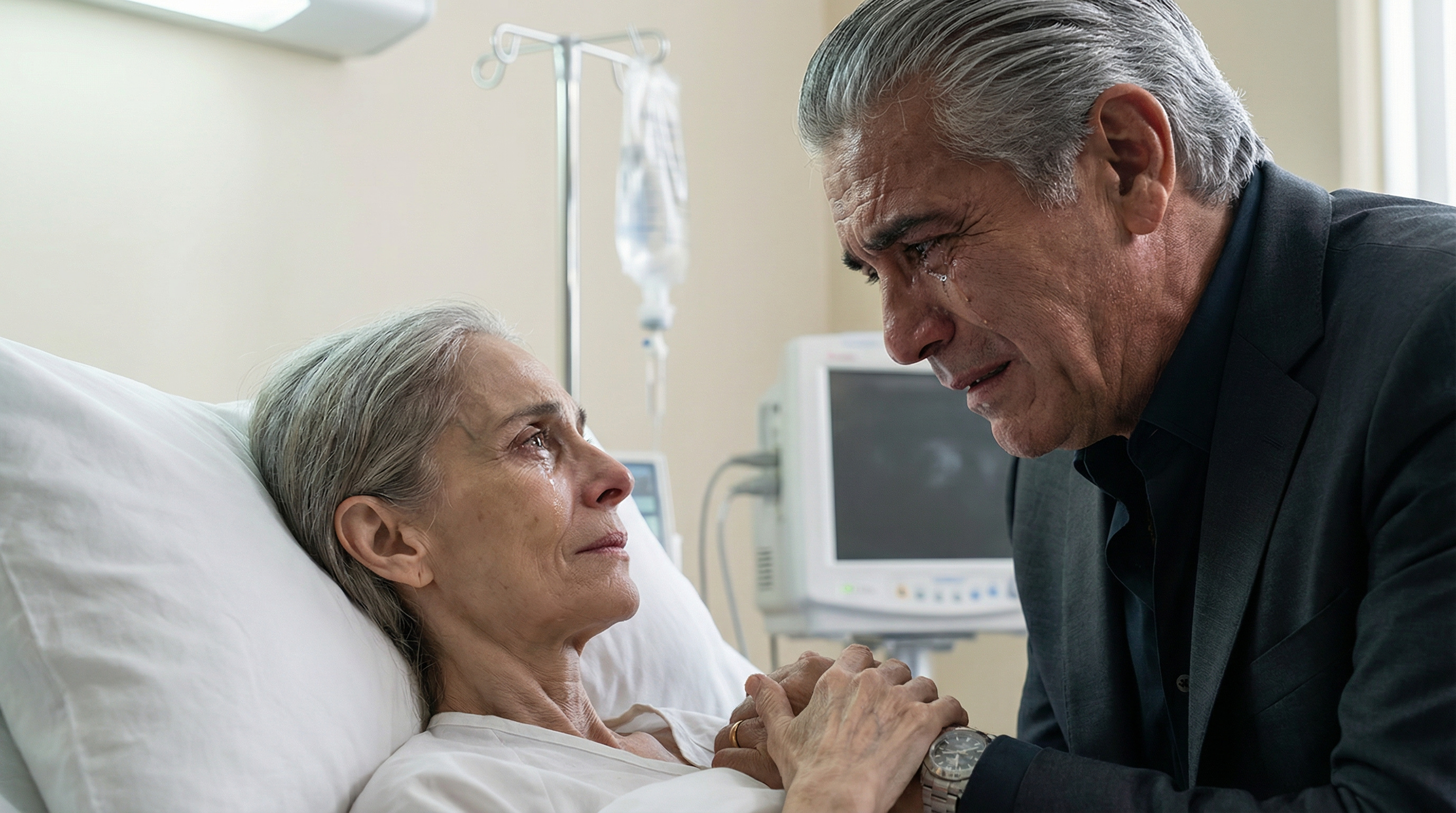 Don Rodrigo sits at Lucia's hospital bedside, holding her thin hand, tears on his weathered face