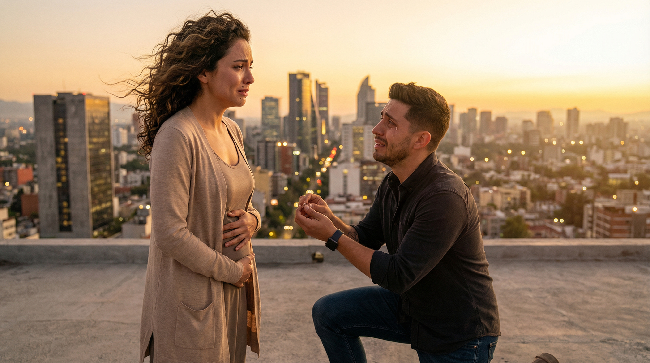 Sebastián kneels before Mari on the rooftop as the sun sets over Mexico City, her face torn between hope and fear