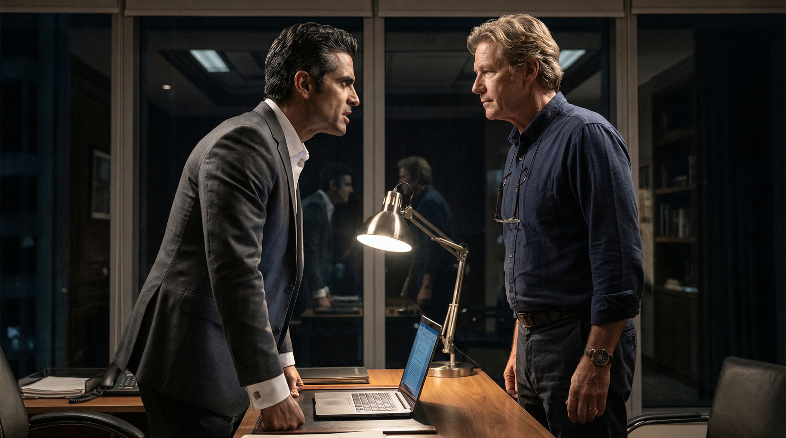 Bruno and Stefan face each other across the desk, the desk lamp casting sharp shadows between them