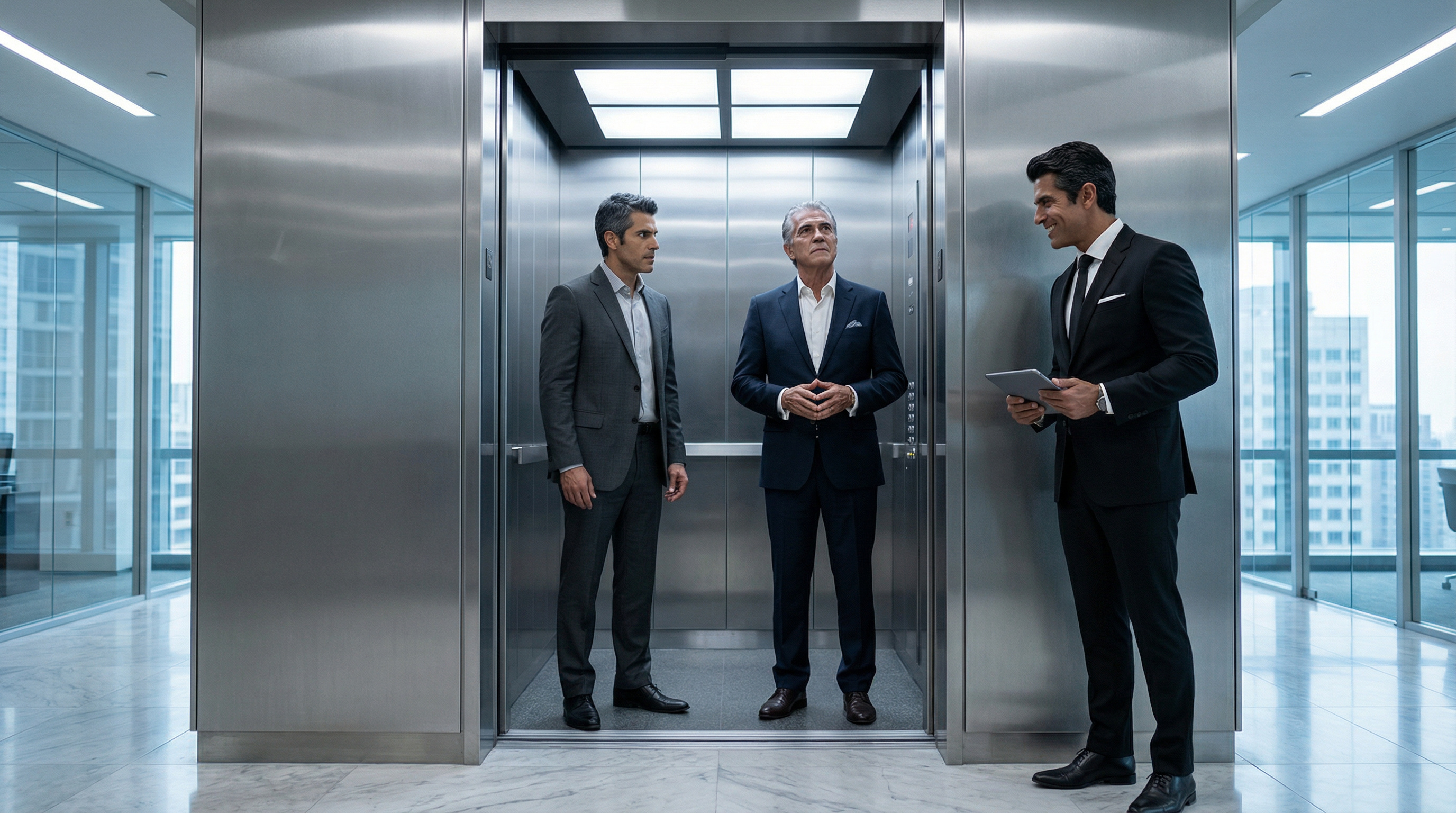 Patricio and Don Rodrigo stand in the elevator, Bruno visible through the opening doors with his predator's smile