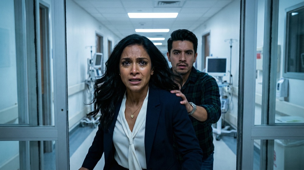 Valentina bursting through hospital doors at night, Diego close behind her, fluorescent lights harsh on their terrified faces