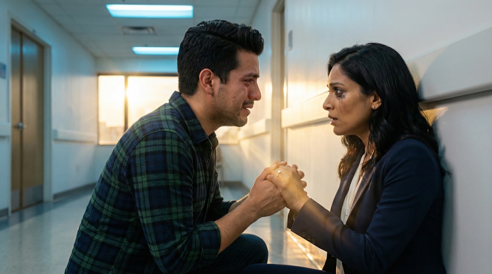 Diego kniet im Krankenhausflur, Valentina an die Wand gelehnt, beide weinend, seine Hände halten ihre, während Morgenlicht durch das Fenster bricht