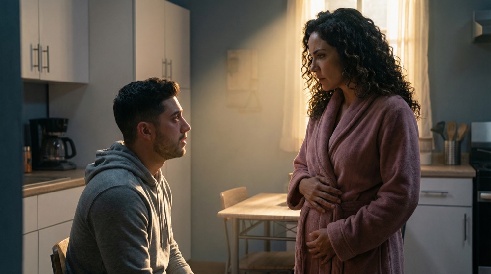 Mari facing Sebastián in an apartment kitchen, her hand on her belly, his face desperate with hope and fear, morning light between them
