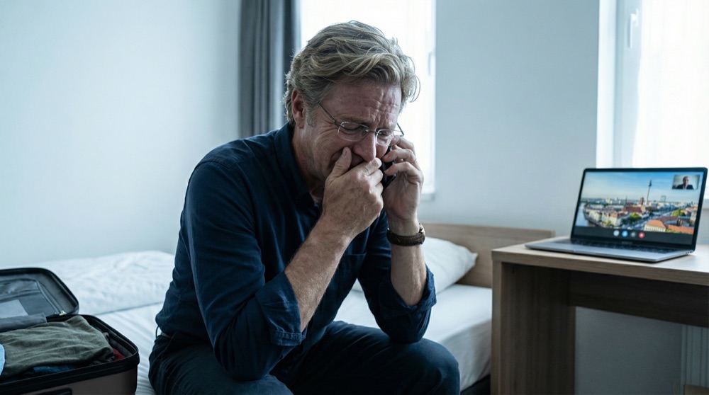 Stefan alone in his hotel room, phone pressed to his ear, face crumbling as he receives devastating news, Berlin on the screen of his laptop behind him