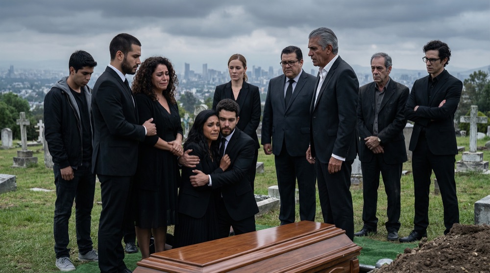 The entire LogiMex team gathered around a grave, Don Rodrigo speaking, Valentina in black leaning against Diego, rain threatening in the sky above