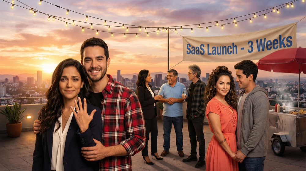 The LogiMex rooftop at sunset, the team gathered with drinks, Valentina showing her ring, Mari and Sebastián hand in hand, a banner reading 'SaaS Launch - 3 Weeks'