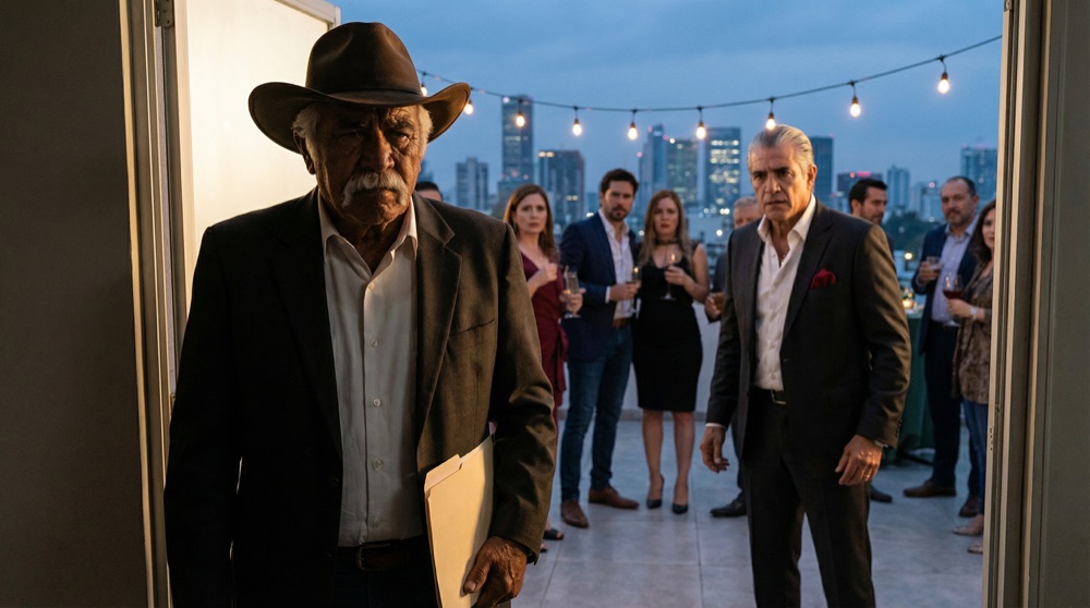 Don Aurelio standing in the doorway to the rooftop, his weathered face grim, Don Rodrigo's expression shifting from joy to dread, the celebration freezing behind them