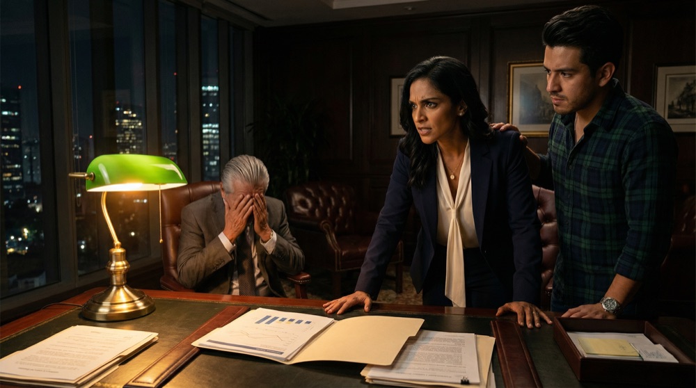 Valentina and Diego in Don Rodrigo's office late at night, the folder open on the desk, Valentina's face fierce with determination
