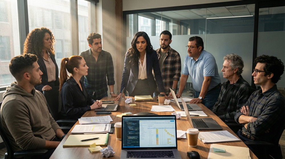The LogiMex team gathered around a conference table covered in papers and laptops, Valentina standing at the head, everyone's face set with determination