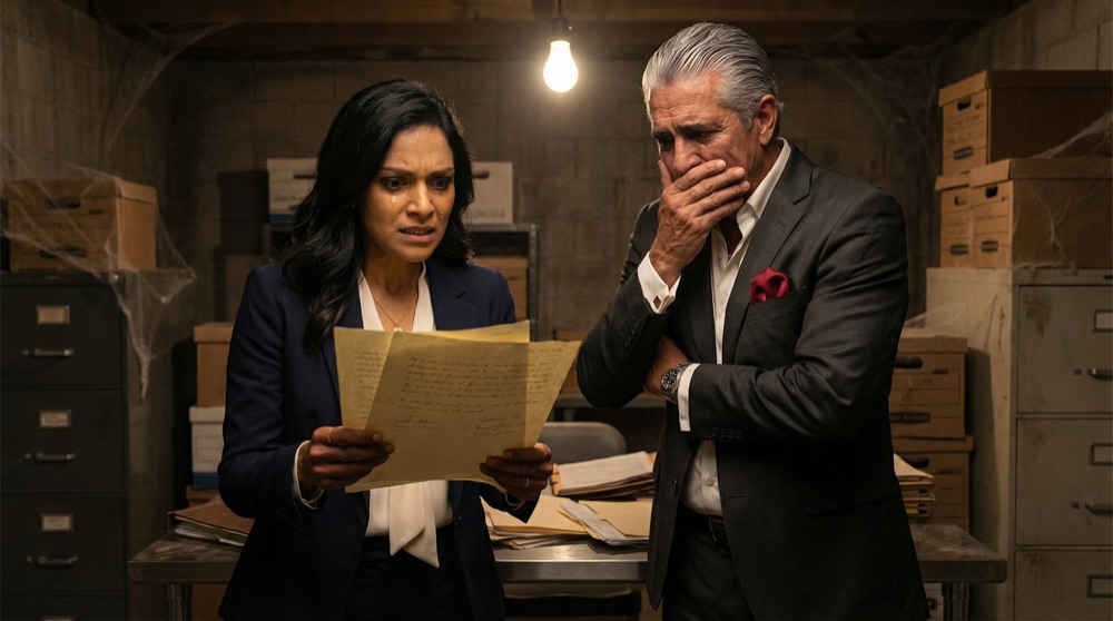 Valentina y Don Rodrigo en un sótano polvoriento de archivos, cajas viejas y archivadores rodeándolos, Valentina sosteniendo documentos amarillentos con manos temblorosas, su cara iluminada por un solo foco colgante