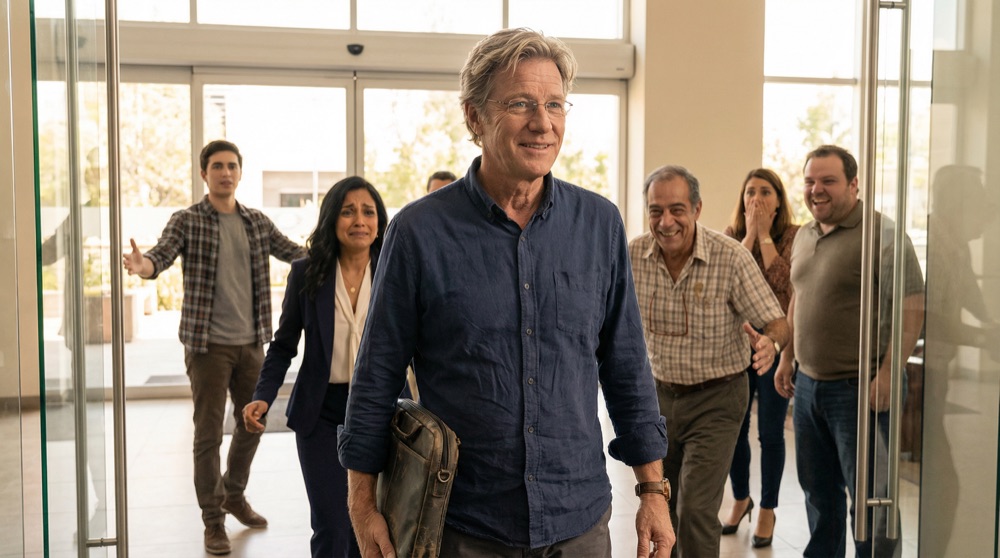 Stefan Richter entrando por las puertas de la oficina de LogiMex, luciendo exhausto del viaje pero sonriendo, el equipo volteándose para saludarlo con shock y alegría, su bolsa de laptop sobre un hombro
