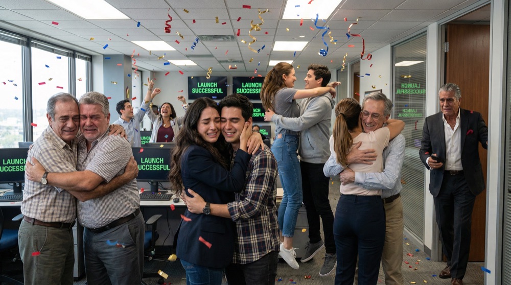 La oficina de LogiMex explotando en celebración, confeti en el aire, el equipo abrazándose y llorando, pantallas mostrando 'LANZAMIENTO EXITOSO' en verde, Don Rodrigo con lágrimas corriendo por su cara