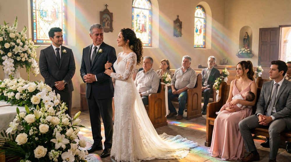 Valentina en un vestido de novia blanco, Diego en un traje oscuro, parados en un altar decorado con flores blancas, Don Rodrigo llevándola por el pasillo, todo el equipo de LogiMex sentado en las bancas detrás de ellos