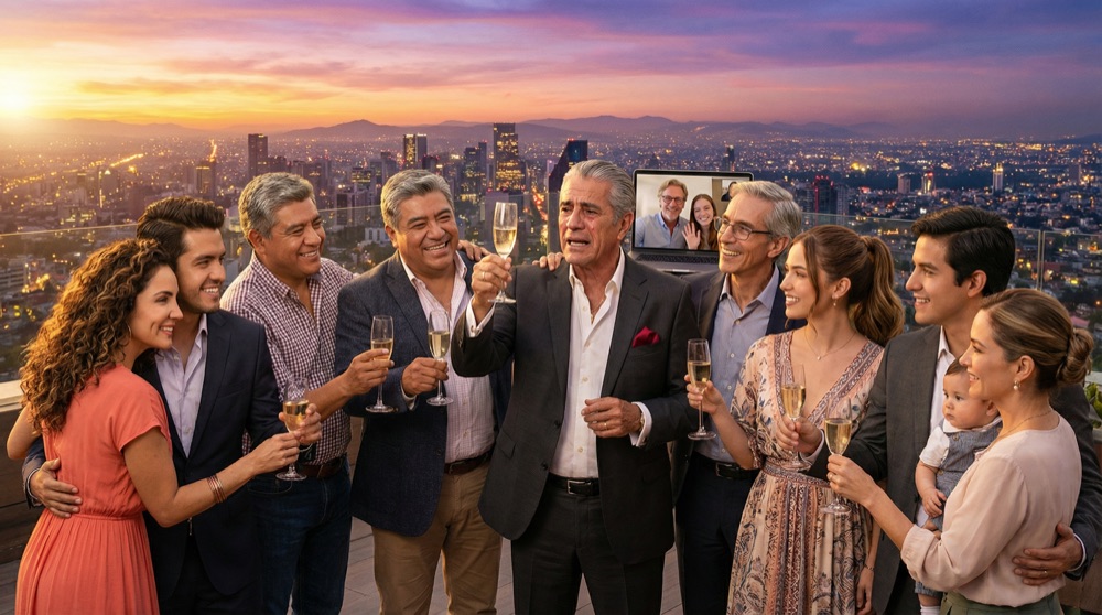 Todo el equipo de LogiMex en la azotea al atardecer, Ciudad de México brillando debajo de ellos, Don Rodrigo levantando una copa, todos reunidos cerca, la luz dorada de un nuevo amanecer en sus caras