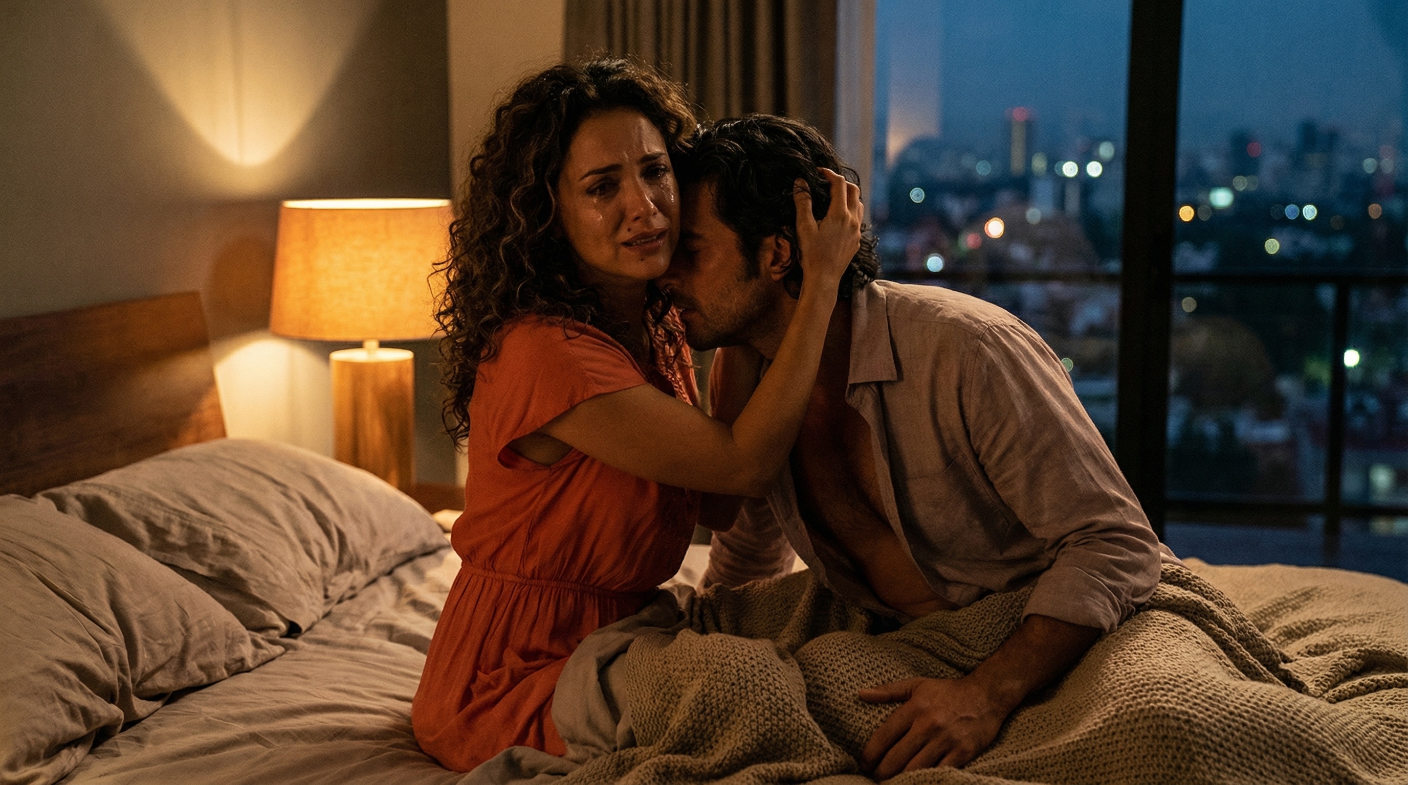 Mari and Sebastián in desperate embrace, proving connection through intimacy