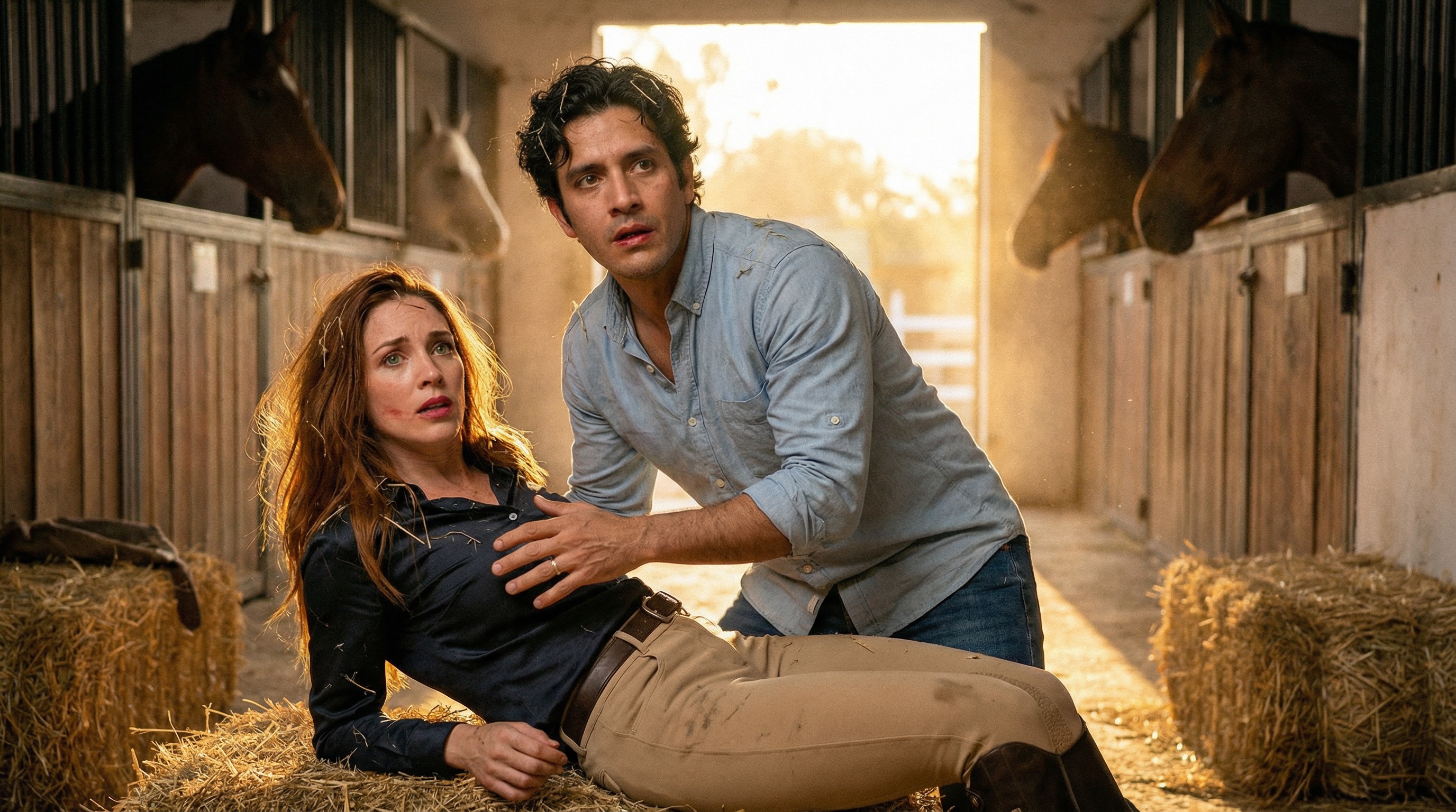 Camila and Emiliano frantically composing themselves as voices approach