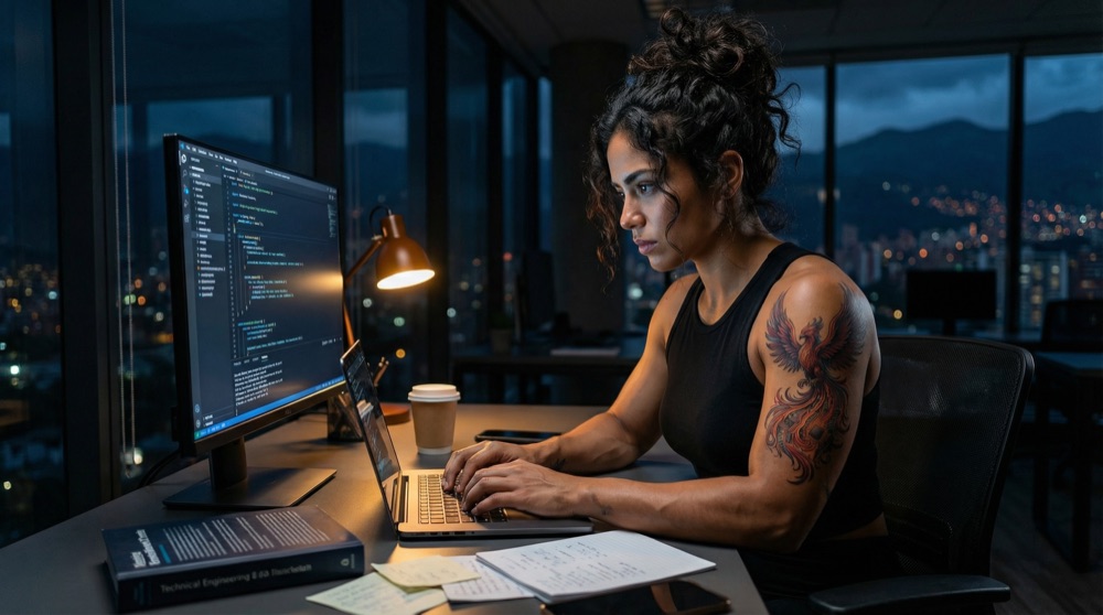Salome Ruiz programmiert nachts mit Blick auf Medellin